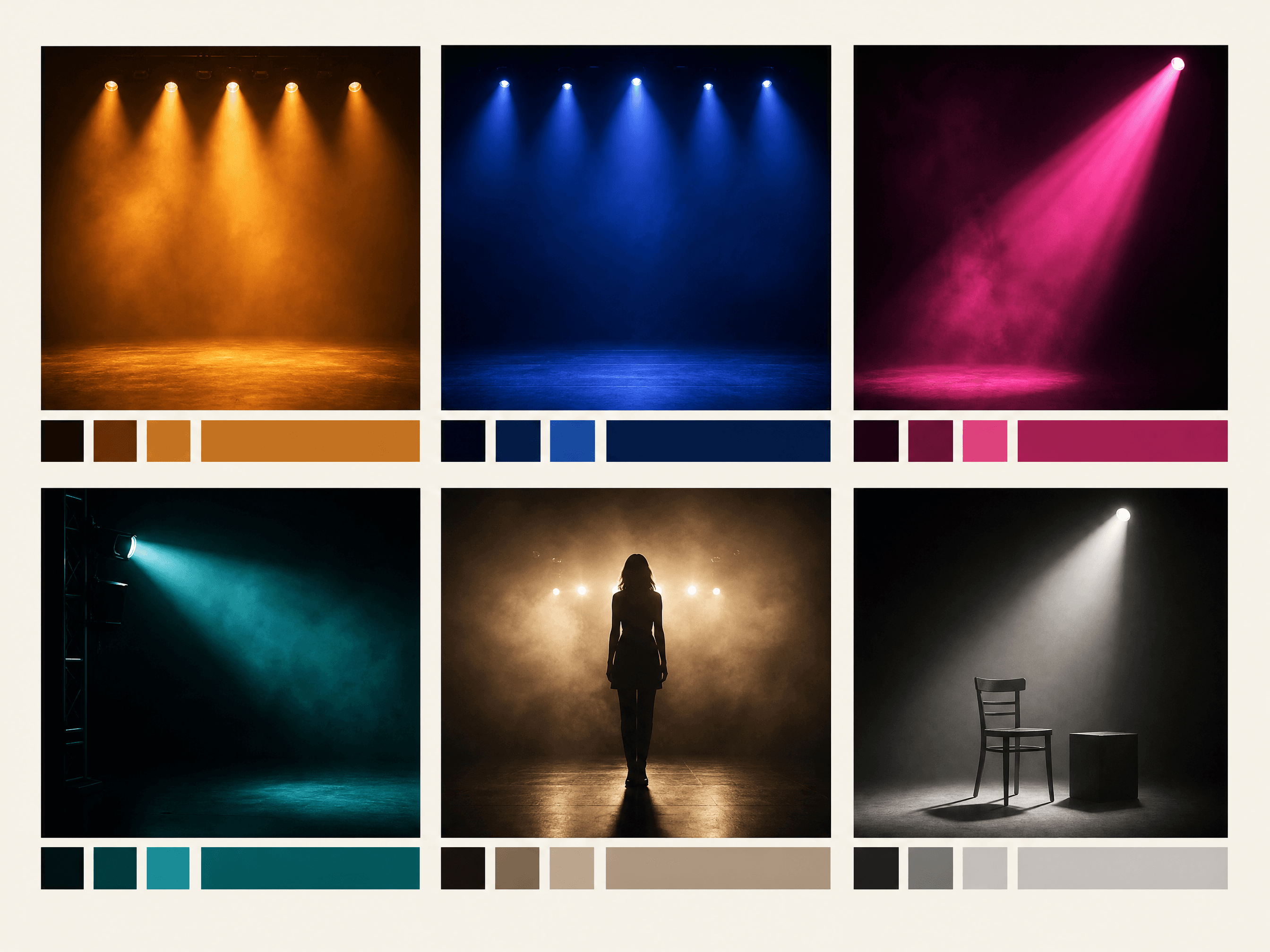 Lighting look board with six colour mood panels