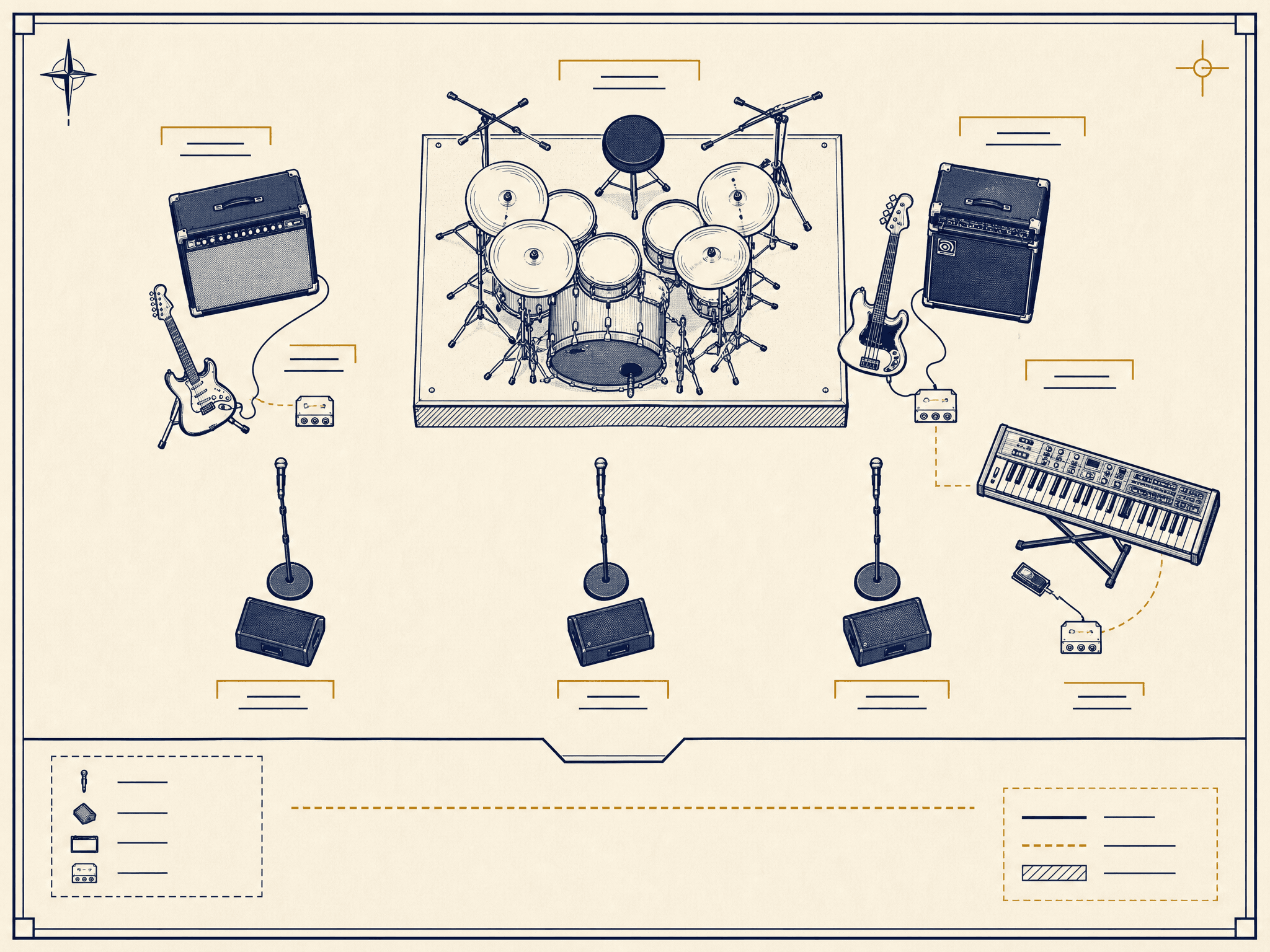 Top-down band stage plot deliverable in navy and amber