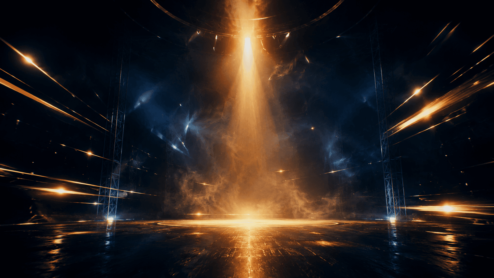Hype teaser video cover frame with amber beam and haze