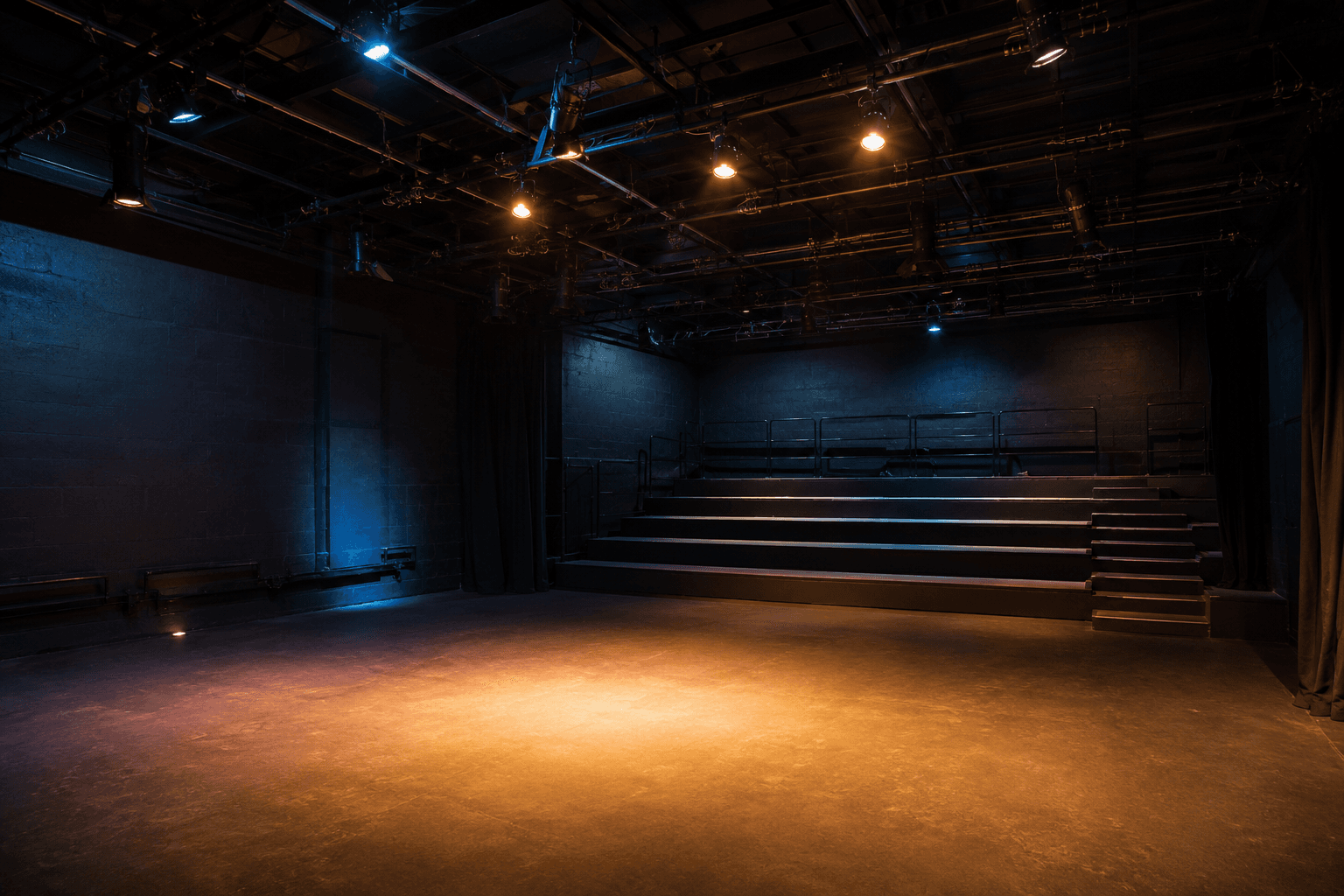 Empty black box theatre with an overhead lighting grid and amber floor wash